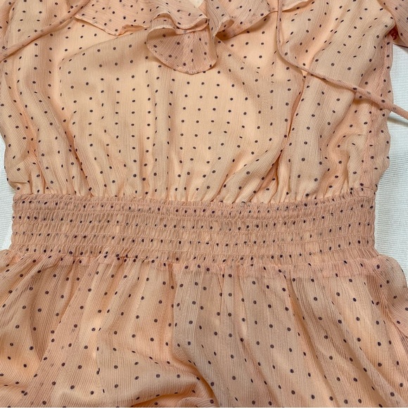 NSR Peach and Black Polka-Dot Dress Sz S Sheer Ruffled V-Neck Elastic Waist - Picture 4 of 11